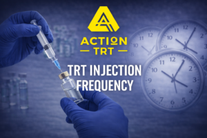 TRT injection frequency illustrated with syringe and clocks showing timing intervals