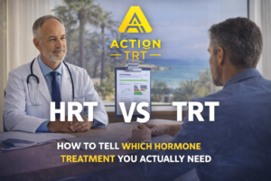 HRT vs TRT consultation showing doctor and patient discussing hormone treatment options