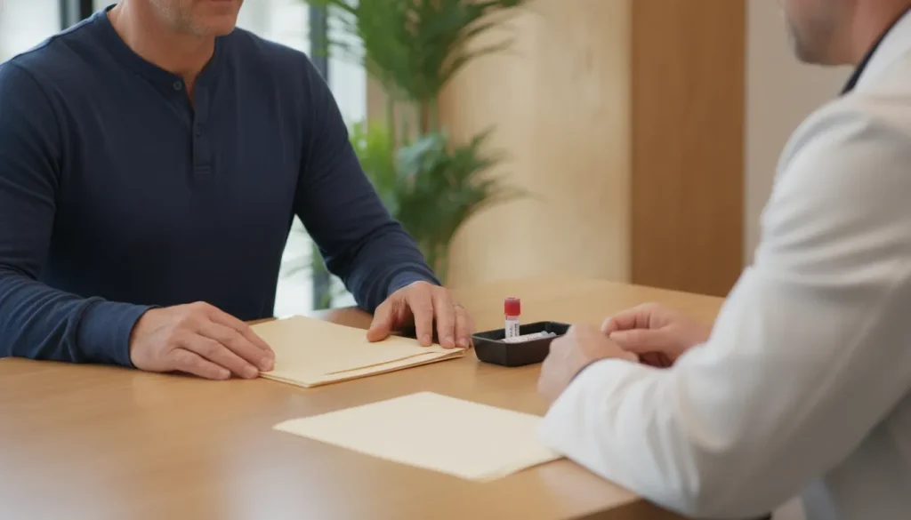 A man sits with a clinician at a clinic table to review lab paperwork before a testosterone follow-up.