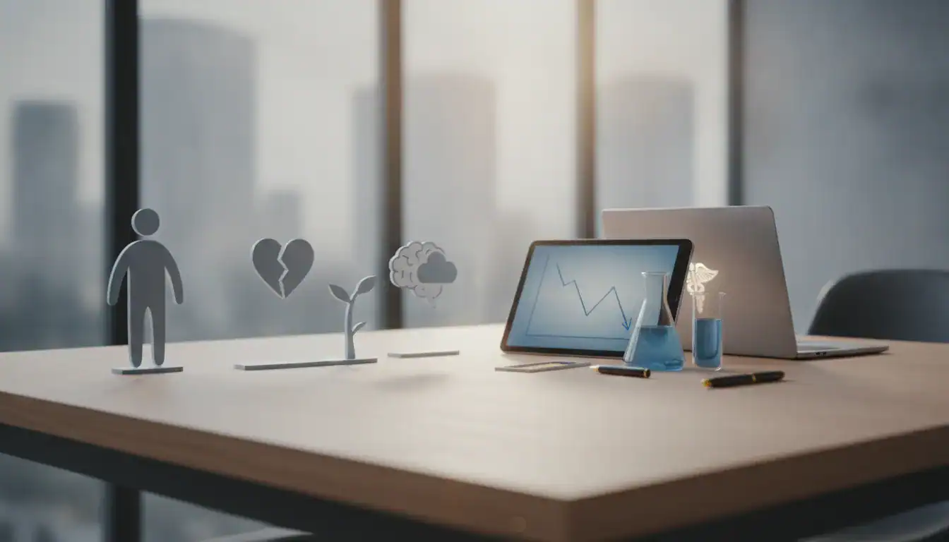 Office desk with a laptop, tablet graph, and lab flasks for low testosterone symptoms and diagnosis.