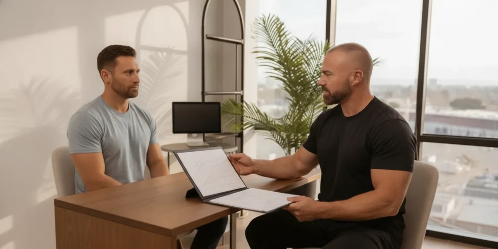 A clinician discussing a treatment plan with a patient in a consultation room